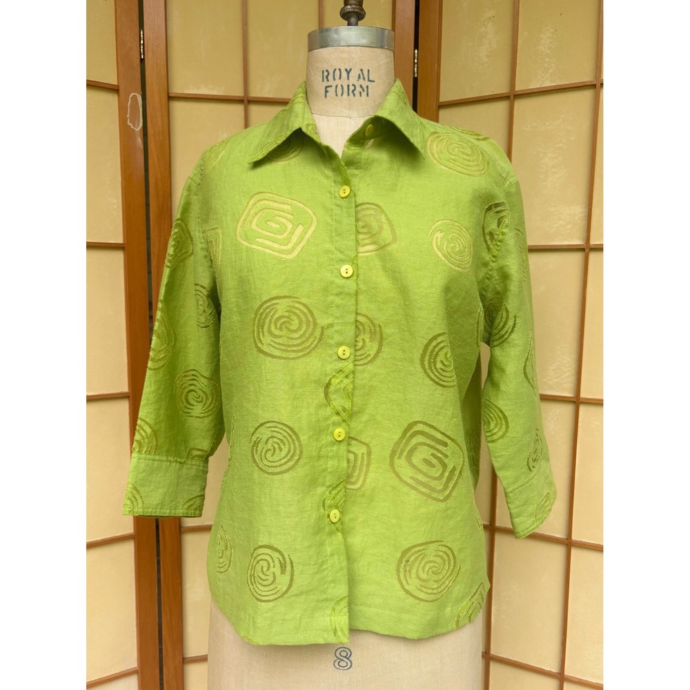 Lime Green Linen Blend Abstract Button Down Shirt Art to Wear Choices M